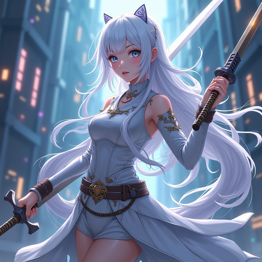 a beautiful jedi woman wearing a light-brown leotard dress in a jedi temple at night, sandals, white cat-ears, light-brown leotard, holding a lightsaber in one hand, white cat tail, confident smirk, glowing green eyes, white hair, long hair, light brown bracers, cat ears, cat tail, sandals, dark blue lace panties, walking through jedi temple halls, sweaty body, night sky