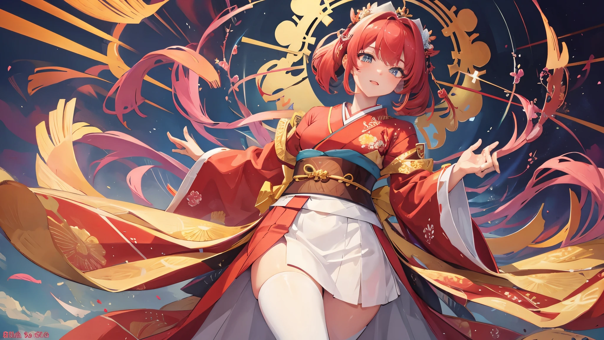 Anime girl in a kimono with red hair and red shoes,, The pattern of the kimono is a peony flower, cute playful pose of dancer, Two mini shrimp characters on the head, anime style characters,  in Japanese anime style,shirabii