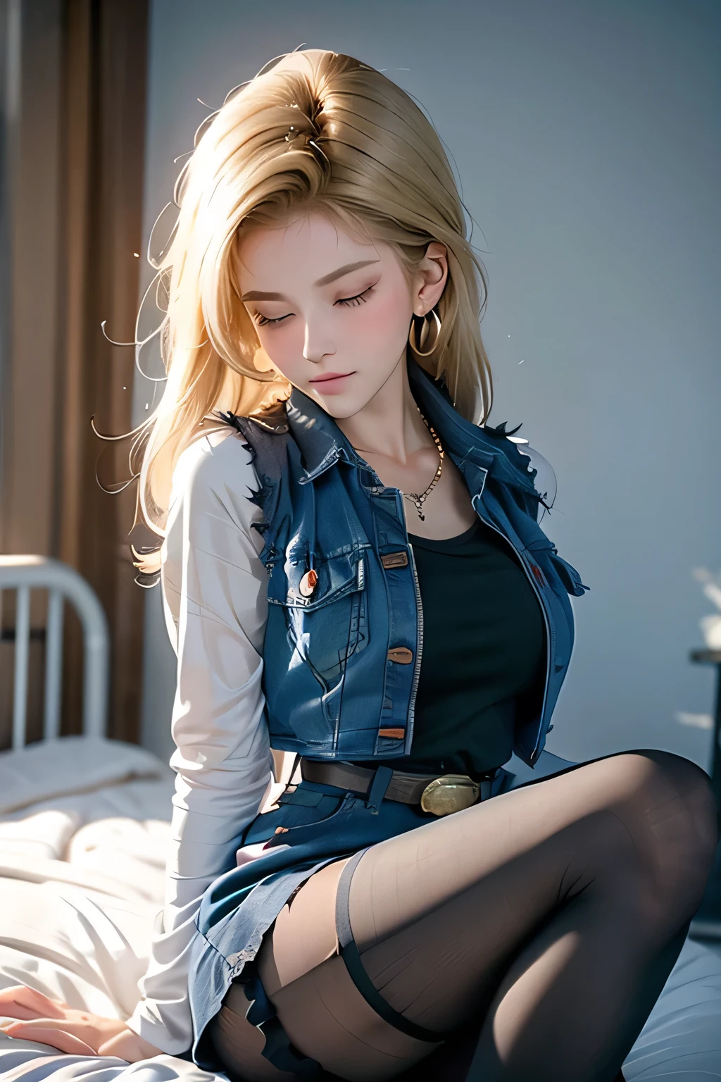 (best quality:1.3),(awesome amazing detailed:1.3), (Android 18 lying back down on bed:1.3),(large breasts:1.1),light smile,(half-closed eyes:0.9),(blush:1.5),(wearing Black t-shirt and mini denim blue skirt and pantyhose:1.1),bow legs, BREAK (infirmary bed:1.3),(divider curtain on side:1.1),(masterpiece, best quality:1.2),illustration,8k,hd,1girl,solo,upper body,(portrait:1.2),blonde_hair,folded_,green_eyes,serafuku,medium_hair,denim_skirt,denim_vest, Android 18, Light Blonde hair, Medium hair shaggy cut for women, Blue Transparent eyes of Slavic Caucasians, She has sexy double eyelids above and below her eyes, The flash in the eyeballs is brilliant, She is not wearing any jewelry such as a necklace around her neck, open-chested Black -shirt, Not wearing a bra, She only Wears round earrings, Tight Long sleeves with black stripes on a white background, Blue denim mini vest, Blue denim mini skirt, The denim mini skirt and denim mini vest set in the same blue color, The mini denim vest does not have a zipper, but the mini denim skirt does, and the denim vest has five silver buttons to fasten the garment, The denim skirt's zipper seam line and stitching run vertically straight to the bottom of the skirt, and the denim vest has no zipper, so it's clean, Open-chested denim vest, Large breasts, Women's Western Cowboy Belt, Brown see-through pantyhose, Western short boots, Looking at viewer, Her whole body is visible on the screen, She is standing in front of Viewer, Android 18 kisses the viewer with half-closed eyes the bench, One eye is half-open, staring seductively at someone in front of you, and the other eye is completely closed, Her entire body is visible on the screen from viewer, She places her right hand on her big ass and supports her left-side breast with her left arm, She brings her whole body and face forward to you, She takes her tongue out of her mouth, and She tastes her lips for her tongue, Blue sky, outside, park, grass, Summer, trees, 