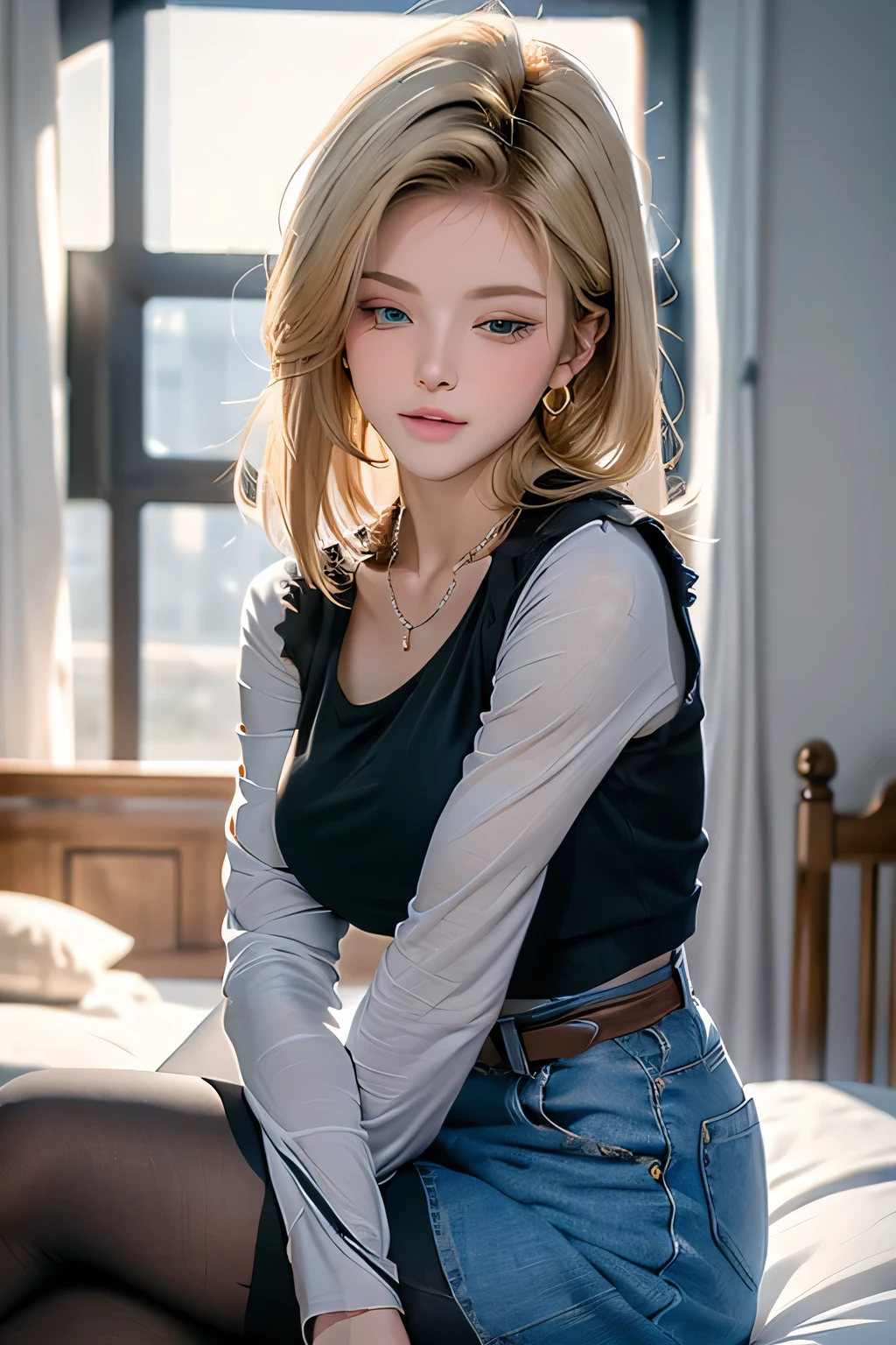 ((最high quality, 8K, masterpiece: 1.3, Ultra HD, high quality, 最high quality, High resolution, realism)) 、25-year-old Caucasian female、blue eyes、long hair、smile、slender、slenderだがアスリートのような細マッチョ、I want my head to stay off screen、Wear accessories on your wrist、Wearing red nail polish、I have a peticure、aerial perspective((atmospheric perspective))、smile((smiley))、background blur((depth of field)、crystal earrings((crystal earrings))、Blonde((blonde hair))、Bangs at the parting((parted bangs))、Split Ponytail((split ponytail))、Wear zipper-up tops、Knitted tights、No sleeve、Wear sneakers、sexy pose
