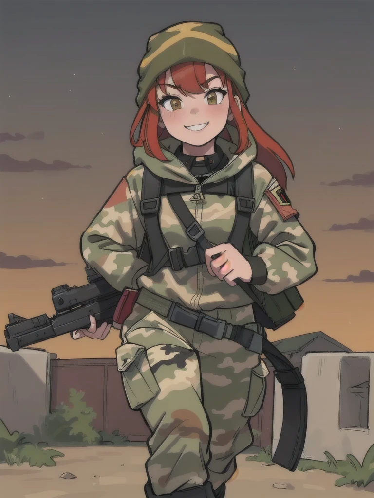 girl with smile and red hair, with a camouflage jacket, tactical backpack, camouflage balaclava, camouflage pants and army boots, In the night he walks through the village