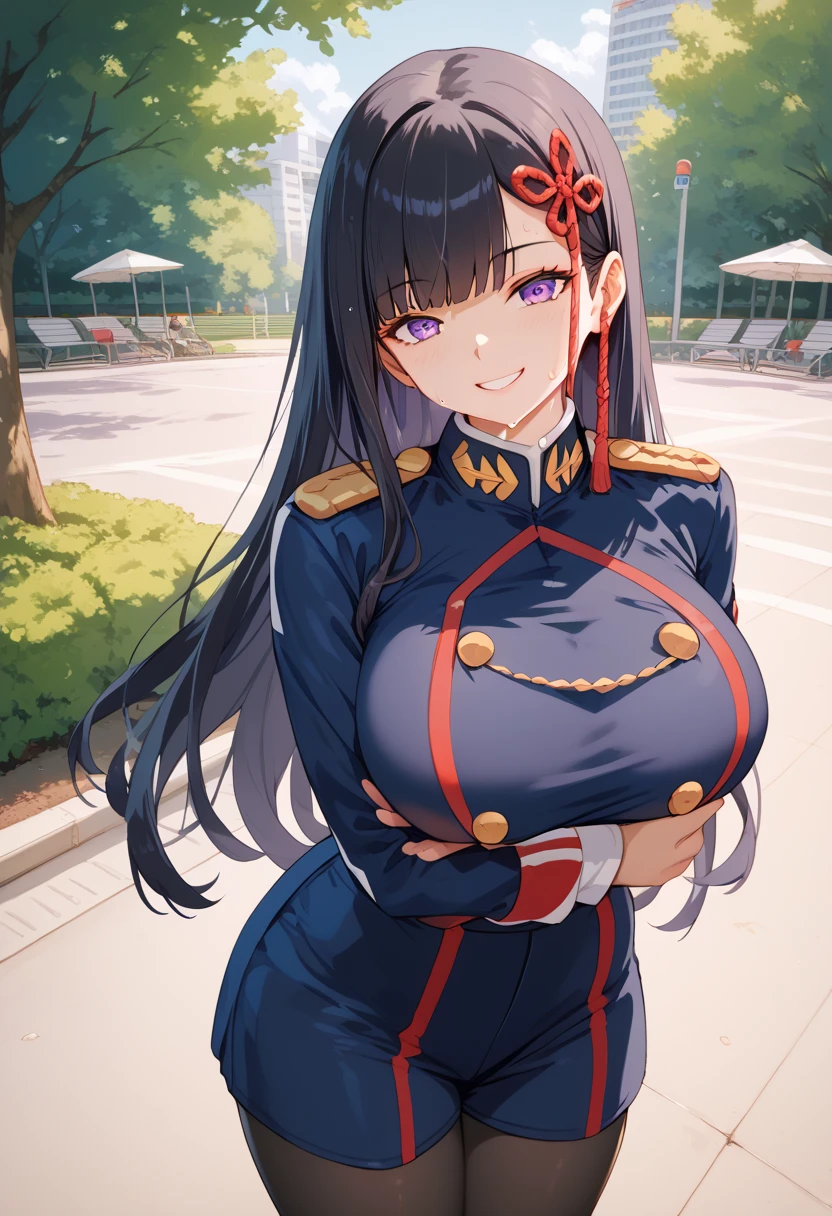 large breasts, uniform, Team uniform,Military uniform, black pantyhose, BREAK nsfw, masterpiece, best quality,1girl, Ren Yamashiro,long hair, purple eyes,black hair, Sweat,smile,walk in park,BREAK {{{best quality, very aesthetic, ultra-detailed, extremely detailed, perfect anatomy}}}, 