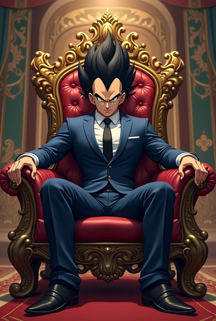 The host Vegeta, who came in a suit, sits on the throne