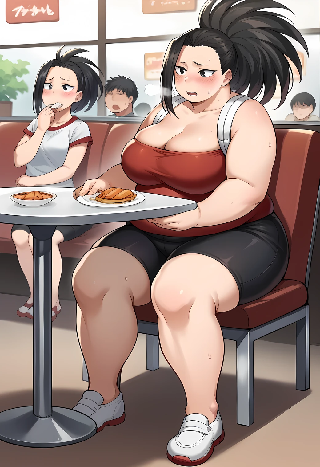 score_9, score_8_up, score_7_up, source_anime BREAK 1girl, momoyaoyorozu, yaoyorozu momo, black eyes, black hair, long hair, blush, black hair,, female , ganryu, red tube top, black bike shorts, restaurant, sitting, eating open mouth  sweating, growing fatter, fat, chubby, obese, full body shot, gigantic arms and legs, out of breath,