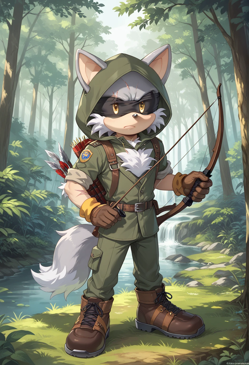 Male Wolf, ((Sonic character oc )), Male adult, ( silver fur in all body ), ( light gray inner ears ), (Alone), ( Short and messy hair ), forest, Left eye Blind , scar near the left eye that crosses the left eye diagonally, bow and quiver, con un hunter bow , Archery, wears a hood, brown gloves with cut toes and boots, yellow Eyes, Day time, ((mobian)), moebius forest, ranger clothing, (Fluffy Fur), Large Fluffy Tail, Serious poses, blindfold only one eye, with a Robot crow on the shoulder