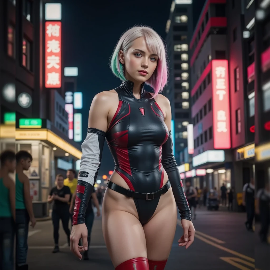 "An ultra-high-resolution, hyper-detailed, photorealistic portrait of 1Lucy, (((LUCY character from the Netflix show Cyberpunk edge-runner)))3.5 , She is dressed in a striking red and grey, glossy, metallic-mesh netrunner suit with a futuristic pattern. The design intertwines seamlessly, blending bold aesthetics and advanced textures that shimmer under the light, evoking both elegance and high-tech functionality,  a metal piece planted above the ears,  asymmetrical white short bob cut hair with pink and green highlights on the hair, walking through a futuristic cyberpunk city with towering buildings illuminated by neon lights and signs. She has cybernetic tiatanium arm implants and facial cybernetic titanium  implants on one side of her head , as well as robotic legs. The scene is set at night, with an over-the-shoulder view that showcases neon lights casting uneven shadows across her body and legs. These shadows partially obscure parts of her figure, creating areas of deeper contrast. The high-quality rendering highlights intricate details, emphasizing the realistic skin texture, the interplay of light and shadow, and the naturalism of the environment."