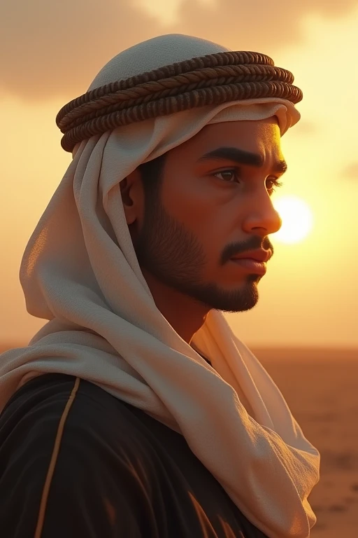 Hyperrealistic cinematic portrait of a handsome 28-year-old Arab man in the desert, sem roupa de cima, There is tension and a sense of danger in the air, corpo musculoso, corpo forte, rosto detalhado, Rosto realista, rosto perfeito, pele realista, pele com textura, pele texturizada, pele detalhada, qualidade 8k, foco nítido