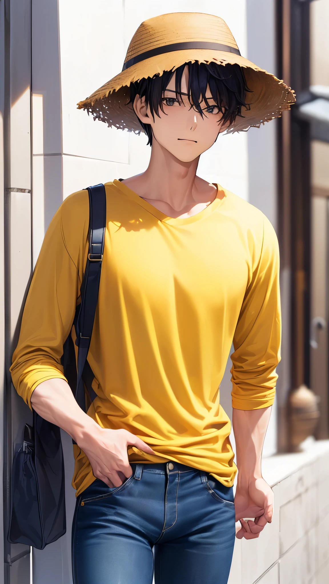 (((The background is a pure white wall)))、masterpiece, best quality, Impasto, Alone, 1 male,, 25-year-old male, black hair, shorthair 、 (((Yellow Ron T )))、((Long sleeve T-shirt )) , ((( wearing a t-shirt with letters written on it ))) cowboy shots, standing alone 、((( jeans)))、 shorthair 、Frame In、((( bucket hat)))、(( brown bucket hat ))、((( male solo shot )))、(((I can see my forehead )))、((( No Emotion)))、(((I'm stroking my chin with my right hand)))、(((黄色のLong sleeve T-shirtを着ています)))、((( yellow clothes を着ています)))、(((I'm wearing a long-sleeved t-shirt)))、 yellow clothes