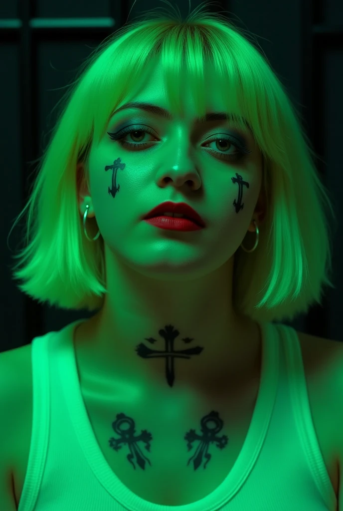 aesthetic posing, a close-up portrait of a young woman's face. She has blonde hair styled in a short bob with bangs. Her eyes are closed and her lips are slightly parted. She is wearing a white top and has a tattoo on her neck. The background is dark and the lighting is green, creating a dramatic and eerie atmosphere. The woman's makeup is dramatic, with dark eyeshadow, red lipstick, and black eyeliner. There are also two crosses on her face, one on each side of her eyes. The overall mood of the image is eerie and unsettling. 