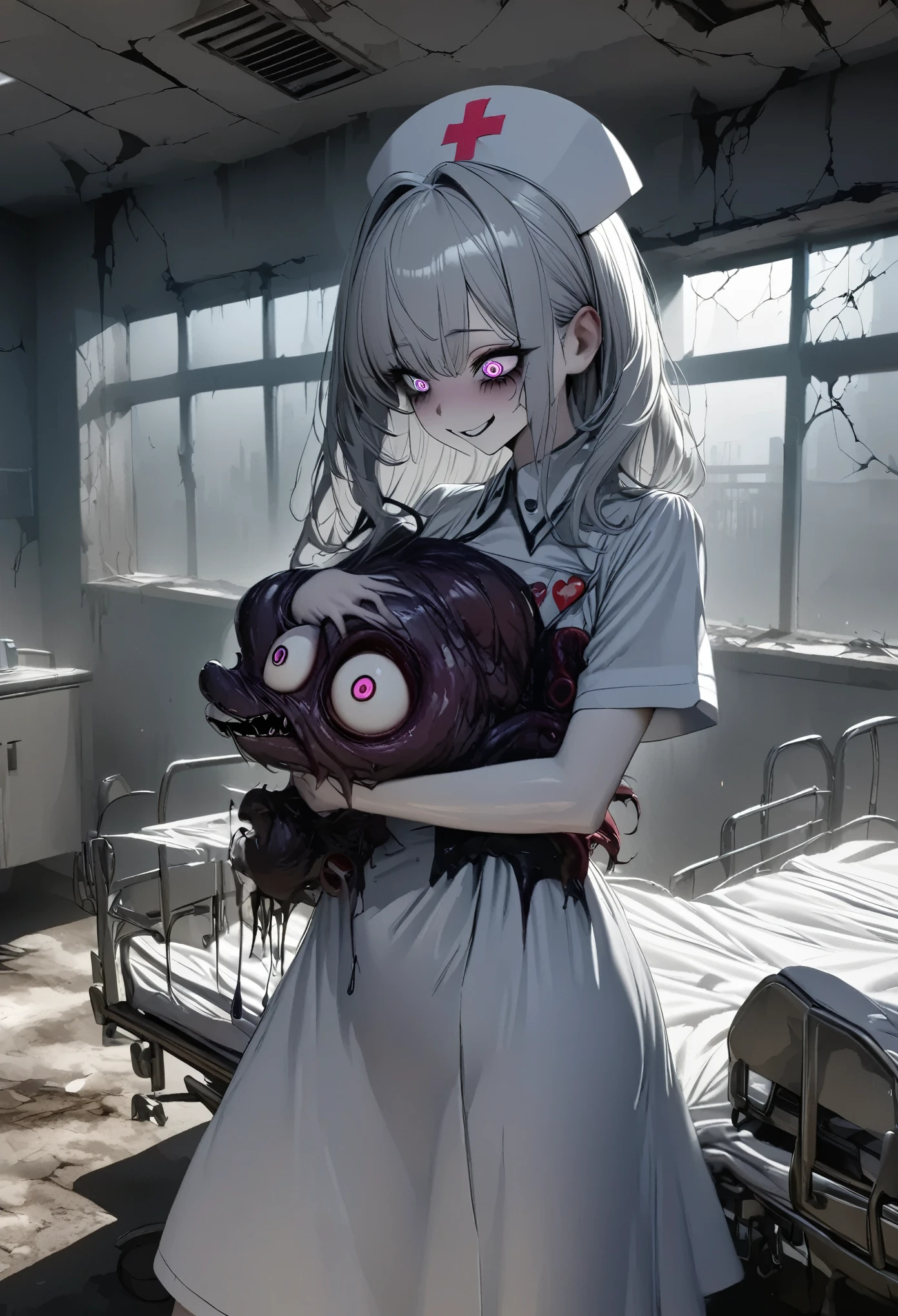 UHD, masterpiece, anatomically correct, super detail, high details, best quality, 8k,perfect beauty 1girl, dark gothic, drkgirl,nurse uniform,nurse uniform,nurse cap, crazy eyes, mismatched pupils, smile, anime style, retina,hug a large syringe, heart,newborn one small monster, madness, strange shape, she lovingly embraces the monster, Derelict Hospital,dark light