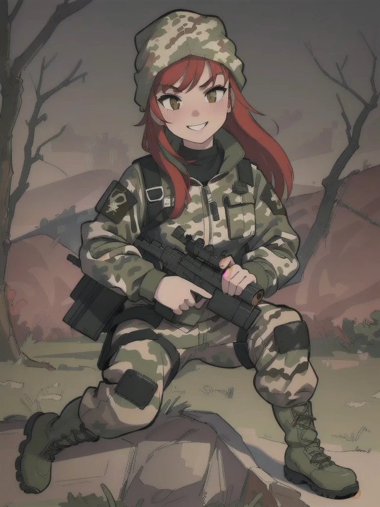 a smiling girl with long red hair, wearing a camouflage jacket, tactical gloves, a camouflage balaclava, camouflage pants, and army boots, detailed facial features, intricate details, photorealistic, 8k, hyperrealistic, cinematic lighting, dramatic composition, military style, muted color palette