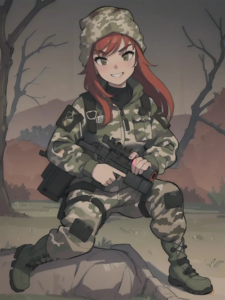 a smiling girl with long red hair, wearing a camouflage jacket, tactical gloves, a camouflage balaclava, camouflage pants, and army boots, detailed facial features, intricate details, photorealistic, 8k, hyperrealistic, cinematic lighting, dramatic composition, military style, muted color palette