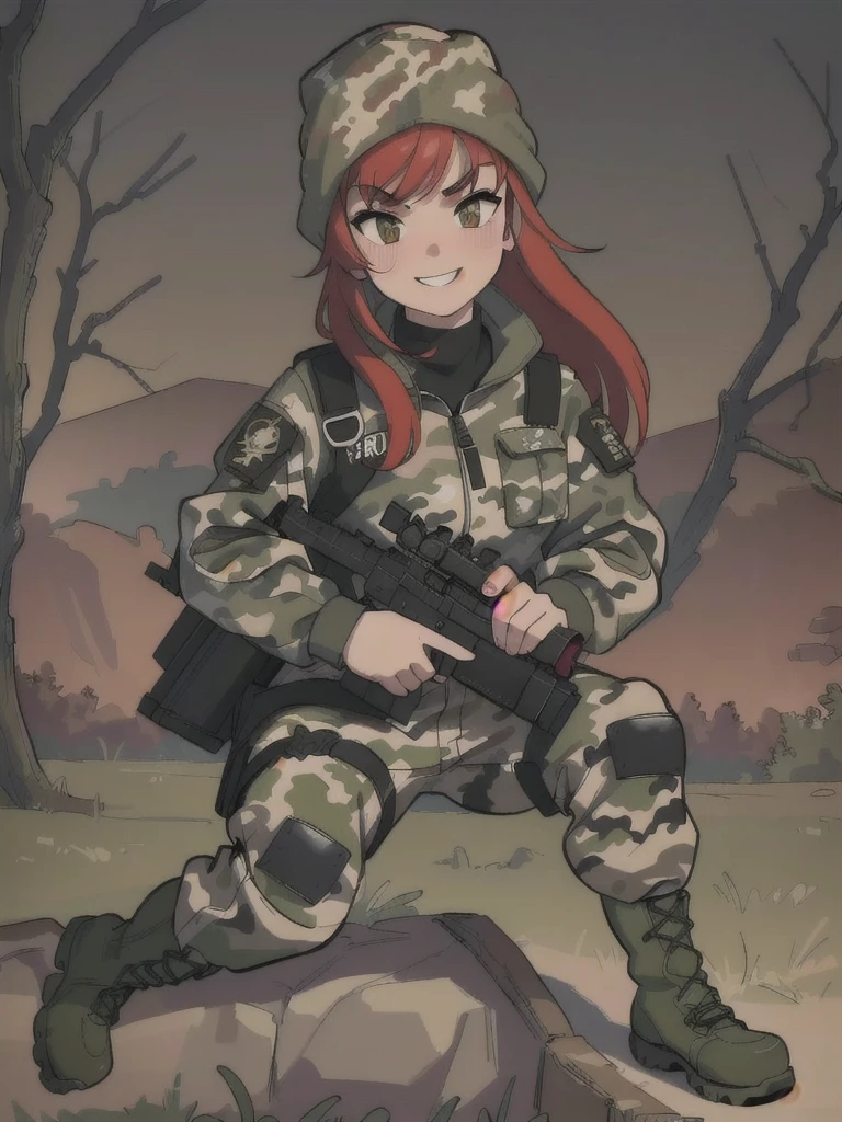 a smiling girl with long red hair, wearing a camouflage jacket, tactical gloves, a camouflage balaclava, camouflage pants, and army boots, detailed facial features, intricate details, photorealistic, 8k, hyperrealistic, cinematic lighting, dramatic composition, military style, muted color palette