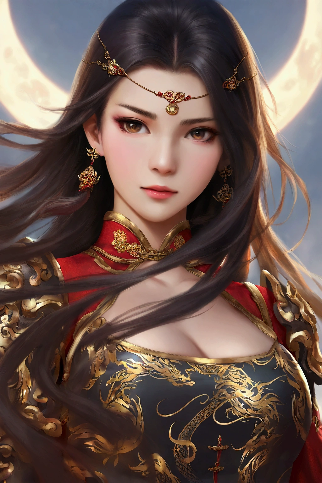 Best quality, masterpiece, ultra high resolution, 1 girl's portrait close-up, flowing hair, real skin, jewelry, solo, Chinese clothing, armor, (flame 1.2), moon, Chinese dragon, blurry, realistic, CG game, Chinese Zen