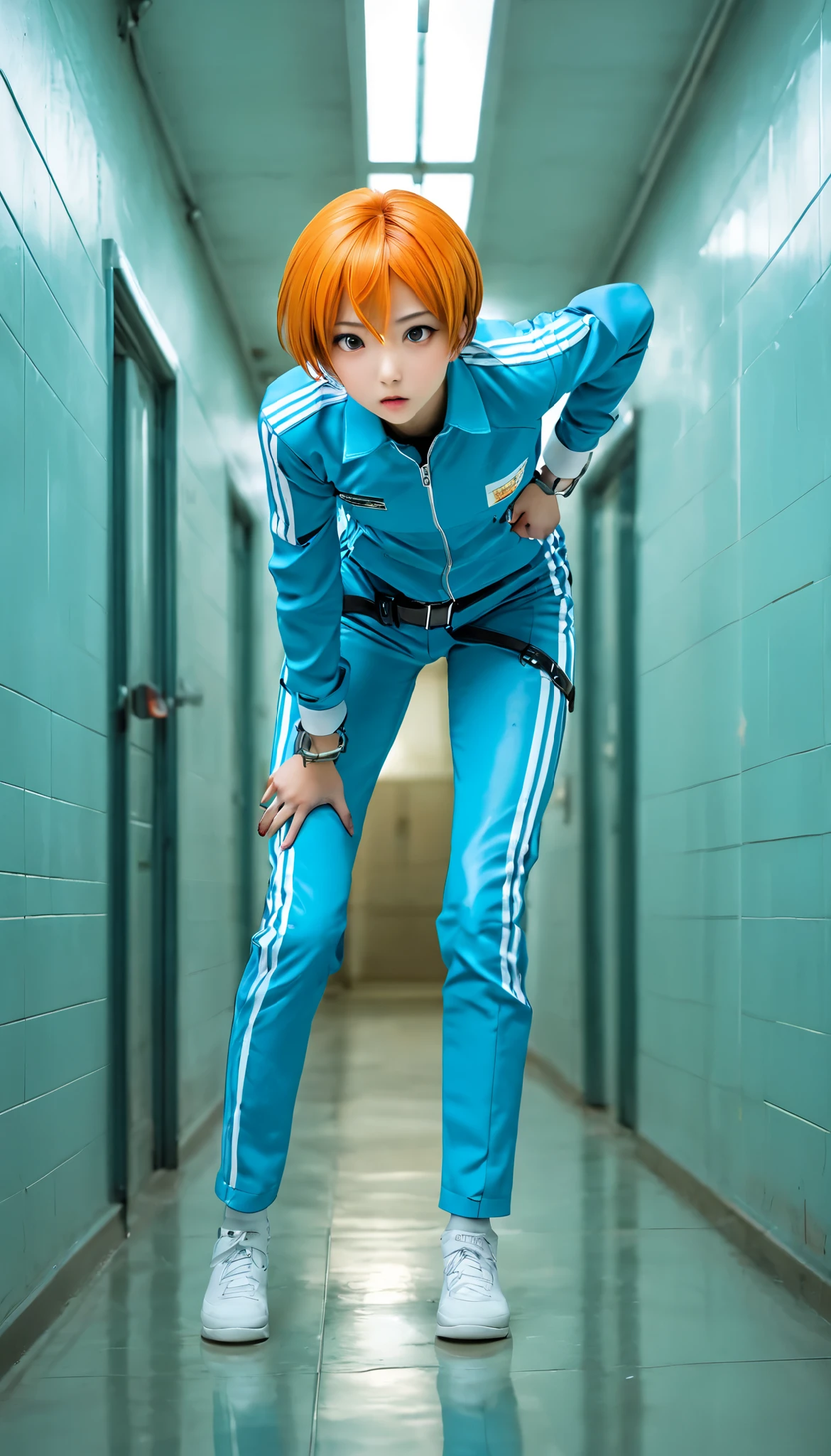 Light blue rubber suit with white lines, short orange cropped hair, half-Western, half-Asian face, falls and kneels, well-trained body, viewer's gaze, prison corridor, lamps hanging from the ceiling, from below, handcuffs, impatience, confusion, on all fours, turning around