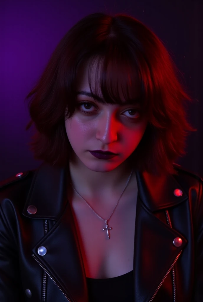 Aesthetic posing, a close-up portrait of a young woman with shoulder-length wavy hair dyed a deep red. She is wearing a black leather jacket with silver studs and gazes intently at the camera. Her expression is intense, and she has a scar running across one eyebrow. Her lips are painted dark purple, and she wears a silver chain necklace with a small cross pendant. The background is a gradient of dark purples and blacks. The overall vibe is mysterious and rebellious