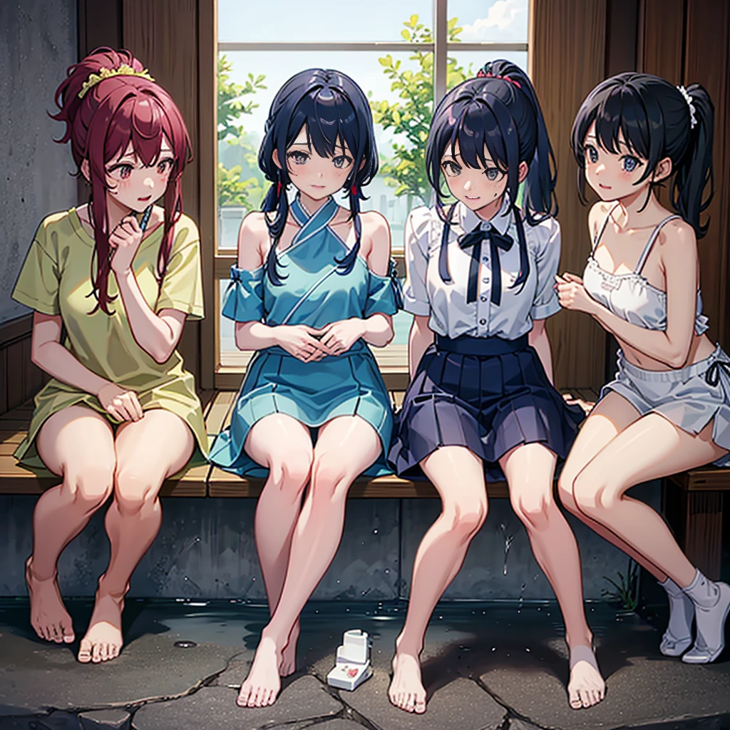 shinkai makoto, Kimi No Na Wa.,
Detailed Background、Beautiful and elaborate face、Beautiful, smooth skin、Skin Texture、Beautiful teenage girl、((Three beautiful girls))、Short black hair、Cute hairstyle、smile、Laughter、sexual expression、Sailor suit,Pleated skirt,Nipples,Nipples,Pussy,Pussy,Indoor shoes,Spread your legs,Show your crotch,,Open up,Pussyひらく,Love juice,,
