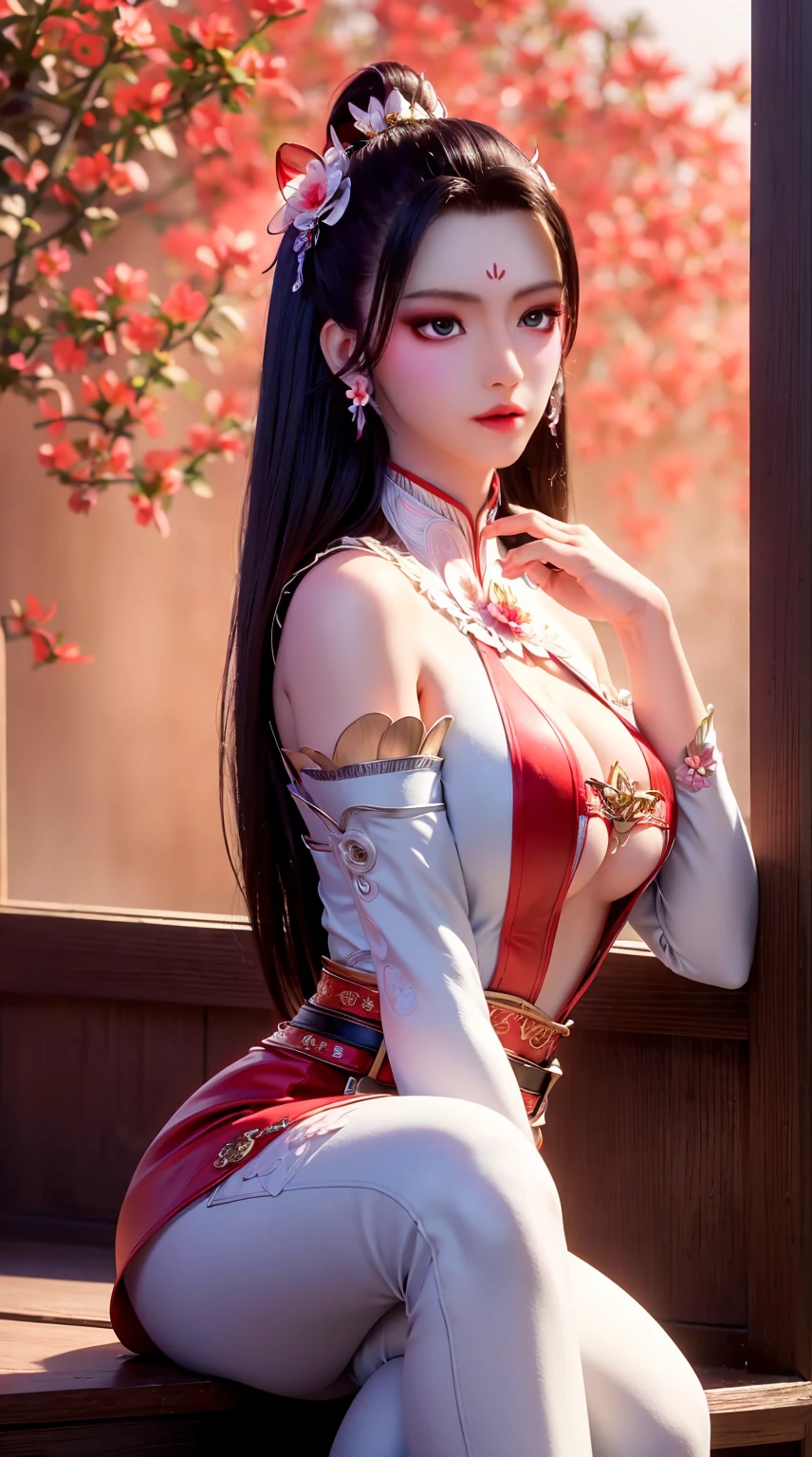 Create an image of Yang Guifei, the famous Chinese imperial consort. She should be depicted with her renowned beauty and grace. Yang Guifei is dressed in a luxurious and elegant traditional Chinese robe with intricate patterns, flowing sleeves, and rich colors such as red, gold, and jade green. She wears elaborate hair ornaments and accessories, including delicate hairpins and flowers. Her makeup should be refined, with a focus on her soft, porcelain-like complexion and subtle yet captivating eyes. The background should feature elements of Tang Dynasty China, such as a beautifully landscaped garden with blossoming cherry blossoms, a traditional palace, or the iconic Hot Springs at Huaqing Palace, to provide historical and cultural context.(((Red hair)))