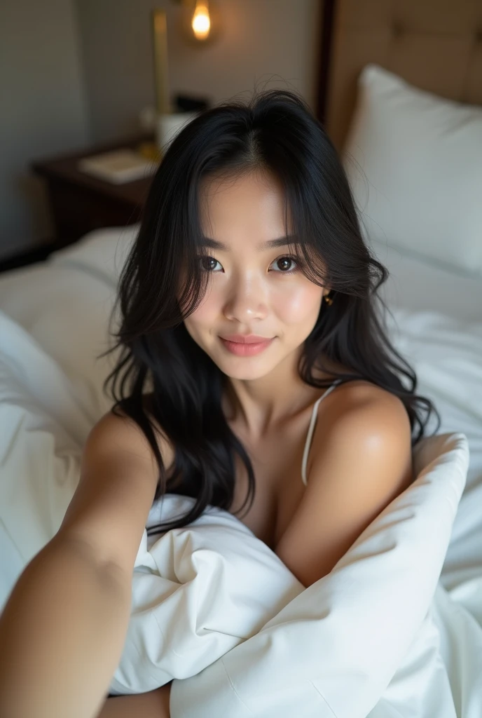 A selfie of a fair-skinned Japanese woman bending over from the neck down。Smiling。Wearing a tank top。The chest is very sexy。Soft Light。Selfie style。