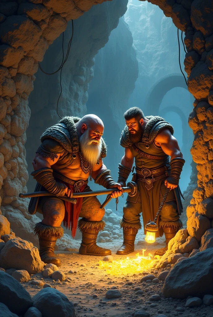 Dwarf and a human warrior working together digging a mine, DWARF AND HUMAN ,  DIFFERENT RACES !!  DWARVES ARE SHORTER THAN HUMANS
