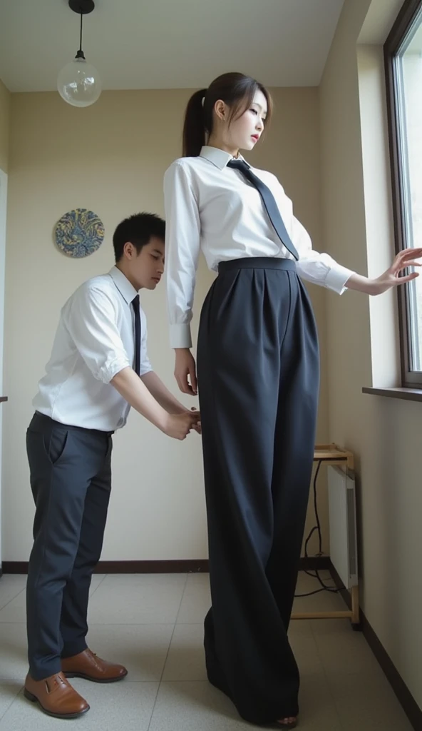 A very tall, slim Chinese giantess with an exceptionally high height and her short husband are in a very small, cramped bedroom with a low ceiling. The woman has a graceful, slender figure and is so tall that she must bend over slightly because the ceiling is too low for her to stand upright. Her height is highlighted by the fact that her head touches the ceiling, forcing her into this position. Her short adult husband, standing behind her, is only half her height, and his head lines up with her hips. The height difference between the couple is striking. The tall woman is bending forward with her hand resting on a small table for support, while her husband stands near her, emphasizing the visual contrast in height. The small size of the room, combined with the low ceiling, further accentuates the woman's towering stature.