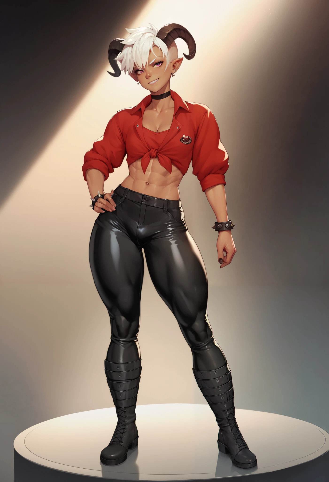 1girl, Forrest from Fire Emblem brown boots, brown gloves blonde twintails, full body, female BIMBO yellowish tiger print bikini, hands on waist, navel, lustful smirking smiling, smile face, red blushed, red cheeks, gold sleeveless armbands, black leather choker collar, sleeves bracelets wristband, leather corset