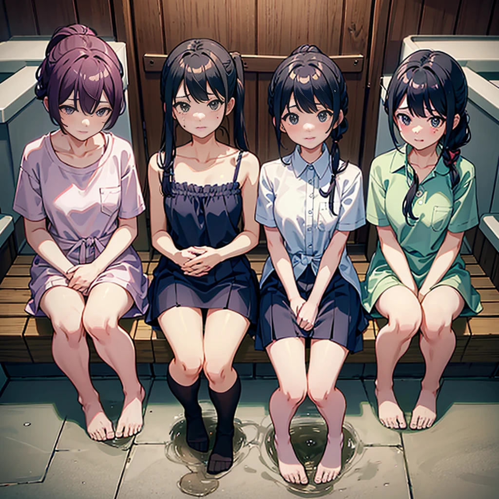 hot spring toilet 、 3 girls、Wearing、 in front of the toilet in a public bath 、 putting up with leaks or urge to urinate、 black hair color、 ponytail、 is crying face、、 Man behind {x} tears coming out of my eyes 、 spreads legs、 is crying、Navy blue socks、 the color of the pants is light blue 、Align vertically 、 rear view of posture、 string 、2People