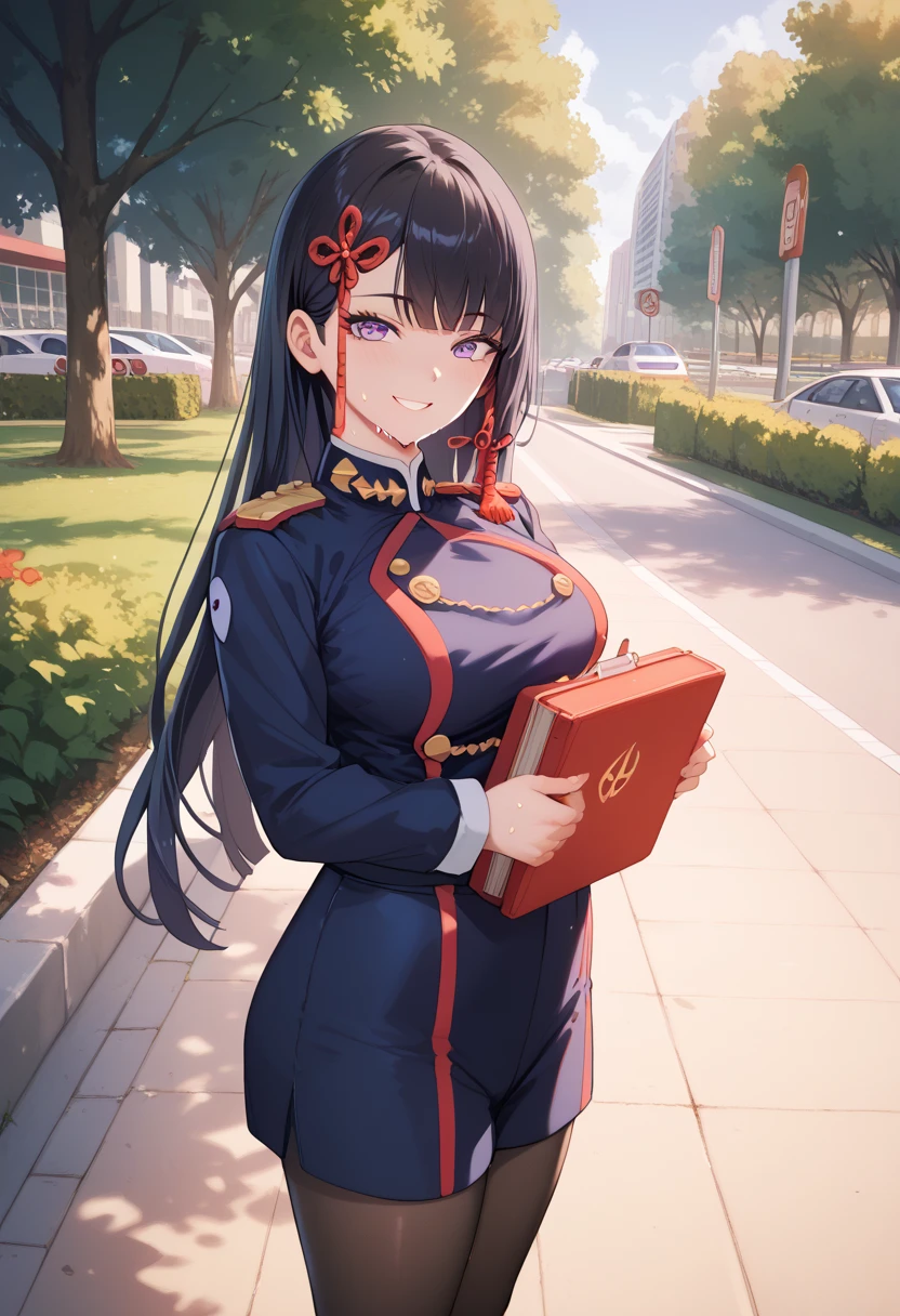 BREAK nsfw, masterpiece, best quality,1girl, Ren Yamashiro,long hair, purple eyes,black hair, uniform, Team uniform,Military uniform, black pantyhose, Sweat,BREAK {{{best quality, very aesthetic, ultra-detailed, extremely detailed, perfect anatomy}}}, BREAK smile,walk in park,