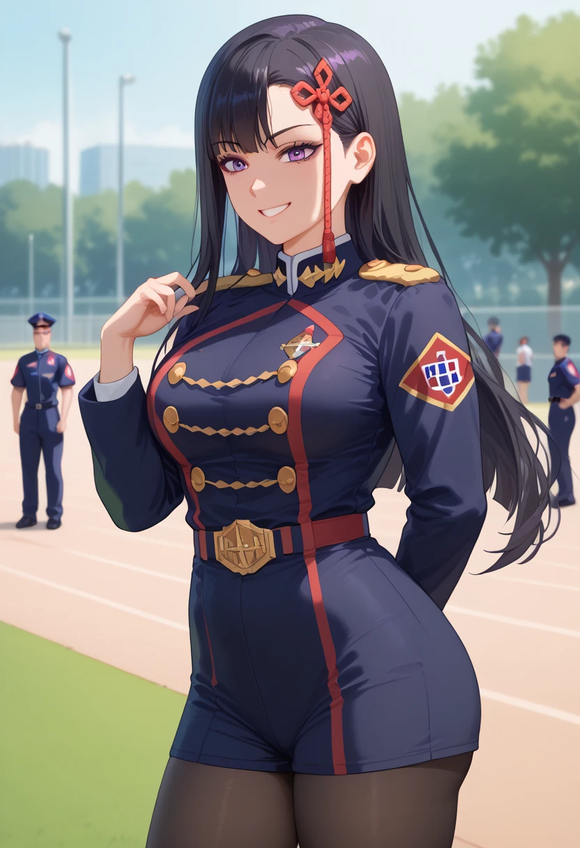 BREAK nsfw, masterpiece, best quality,1girl, Ren Yamashiro,long hair, purple eyes,black hair, uniform, Team uniform,Military uniform, black pantyhose, Sweat,BREAK {{{best quality, very aesthetic, ultra-detailed, extremely detailed, perfect anatomy}}}, BREAK smile,walk in park,