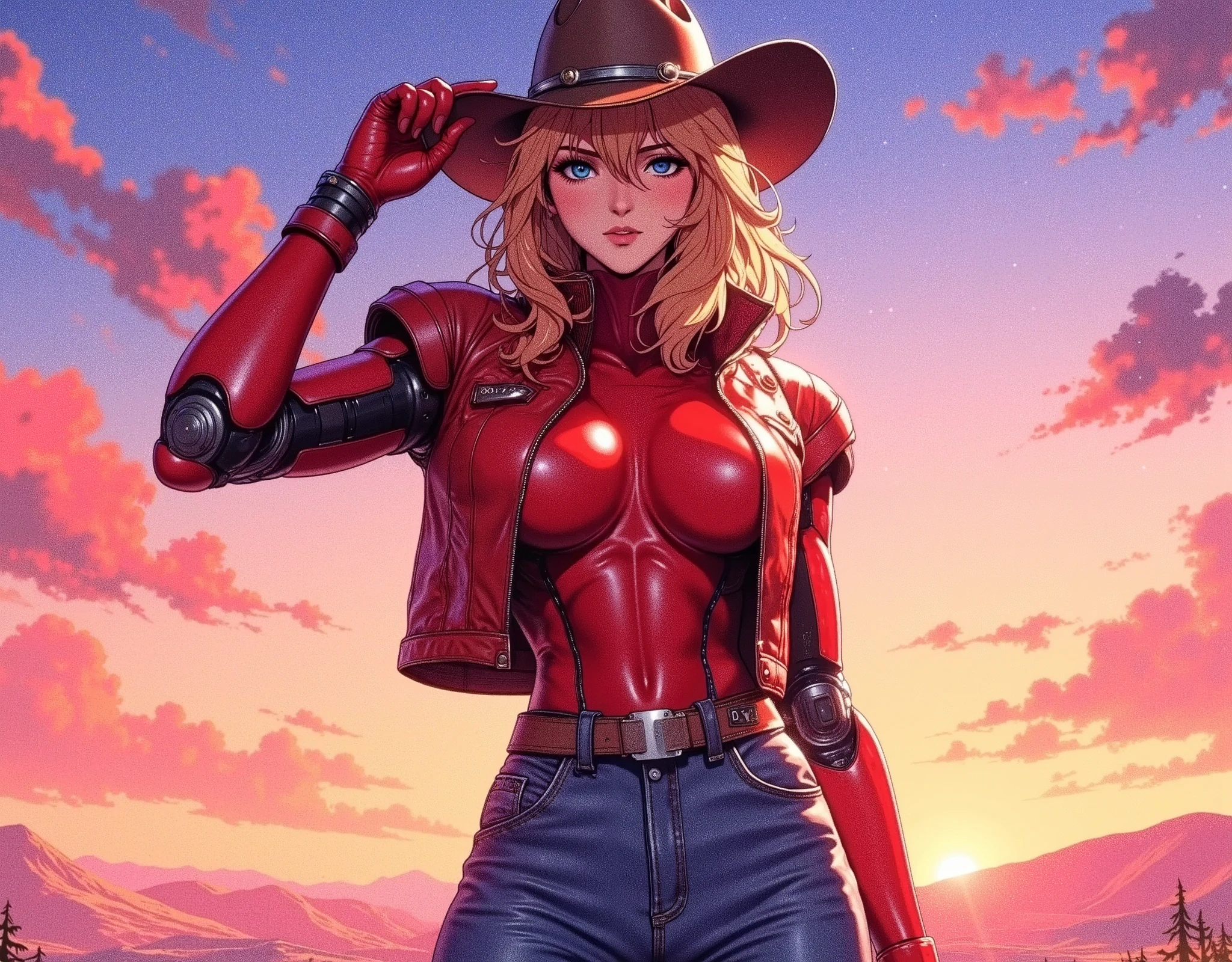 (masterpiece:1.2,Outstanding quality,Milonish, Cinematic Experience, best illustration),8k,wallpaper,Shadow play,(female android), cyberpunk , android female cowboy ,Lift a hat with your index finger , cyberpunk なカウボーイハット, cyberpunk なカウボーイベスト,jeans, boots,planet,wilderness, flat color ,( Beautiful Gradation),( upper body up :2.0),(紫色の空には他のplanetが見えている)