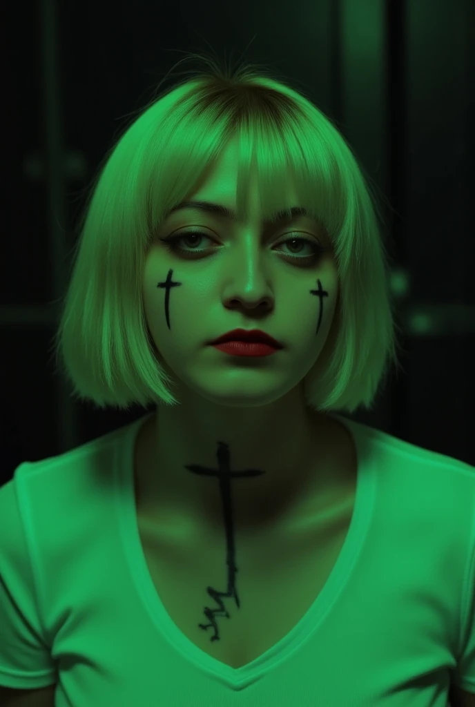 aesthetic posing, a close-up portrait of a young woman's face. She has blonde hair styled in a short bob with bangs. Her eyes are closed and her lips are slightly parted. She is wearing a white top and has a tattoo on her neck. The background is dark and the lighting is green, creating a dramatic and eerie atmosphere. The woman's makeup is dramatic, with dark eyeshadow, red lipstick, and black eyeliner. There are also two crosses on her face, one on each side of her eyes. The overall mood of the image is eerie and unsettling. 