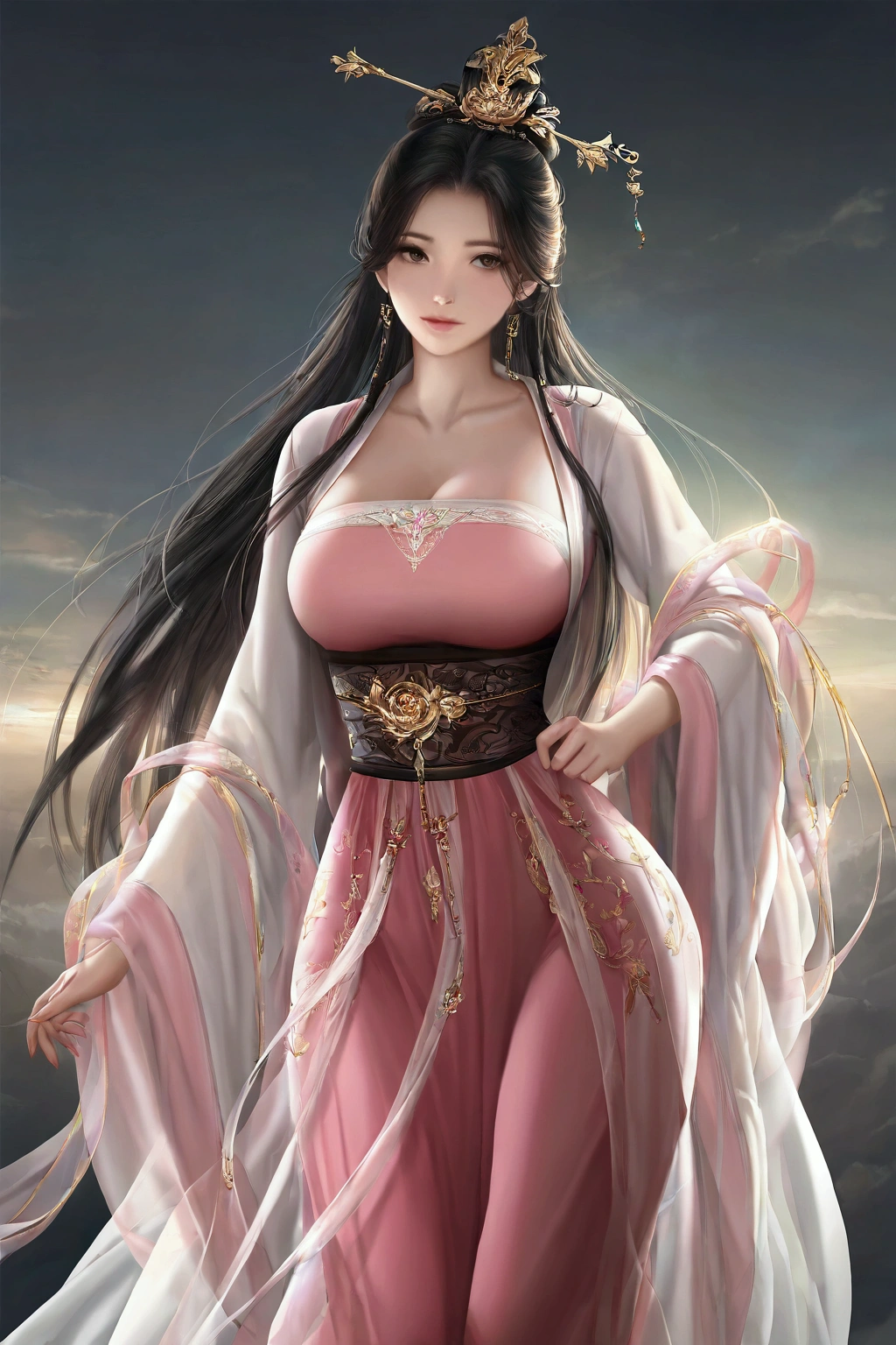 masterpiece, best quality, realistic, 8k, official art, cinematic light, ultra high res, perfect female body, sharp focus, guofeng, hanfu, 1girl, solo, black hair, chinese clothes, realistic, large breasts, wide_hips,