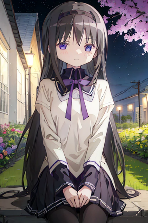  best quality, masterpiece,  high definition , Alone, {Akemi_Homura_魔法少女まどか☆マギカ:1.15}, black_hair, length_hair, hairband,  purple _eye, 1人of女of子,smile,sit, bow, Mitakihara_School_uniform, School_uniform, head_outside_of_Frame,Flower Field_night