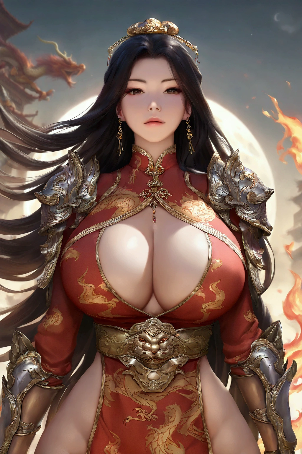 Best quality, masterpiece, ultra high resolution, 1 girl's portrait close-up, flowing hair, real skin, jewelry, solo, Chinese clothing, armor, (flame 1.2), moon, Chinese dragon, blurry, realistic, CG game, Chinese Zen, large breasts, wide_hips,