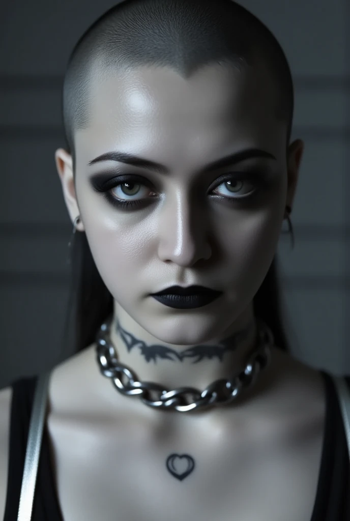 Aesthetic posing, A close-up portrait of a woman with a shaved head and dark eye makeup that accentuates her sharp gaze. Her skin is pale, and she’s wearing dark lipstick with metallic flecks. She has several small tattoos visible on her neck and wears a thick, metal chain necklace. The background is a cold, industrial grey, and the lighting is harsh, casting stark shadows. The overall feel is gritty and unapologetic