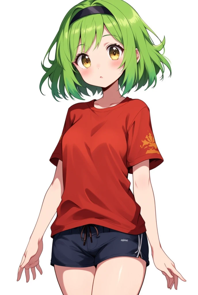 score_9, score_8_up, score_7_up,
<lora:Shiratori_Utano_PONY:1>,1girl, solo,short hair, green eyes, green hair, denim, clothes writing, jeans,white shirt,open clothes,green clothes,green track jacket,