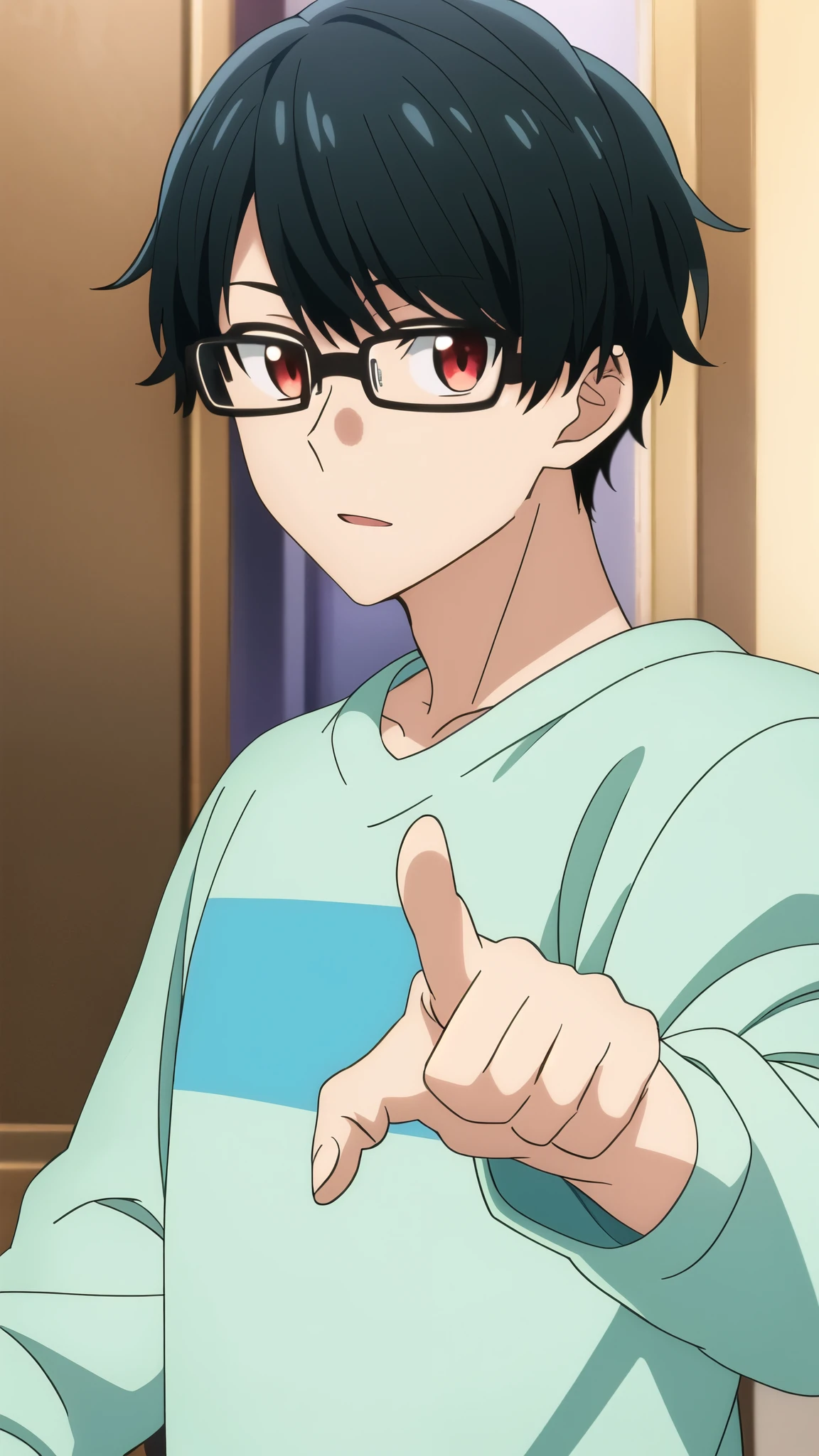 masterpiece, best quality, , 1boy, solo, male focus, looking at viewer, upper body, one hand rising, pointing his finger upwards, tasuku_kuresawa, black hair, , red eyes, white  sweatshirt, in hand,  room background