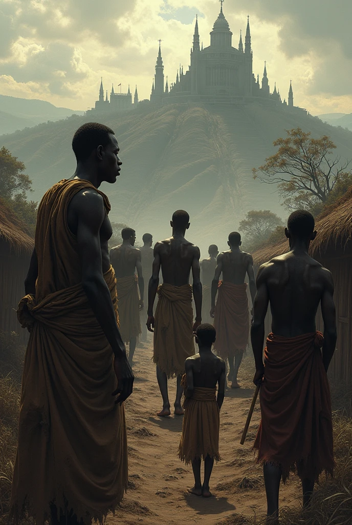 A portrait of an African palace guards roaming in a village and meets a little child a boy