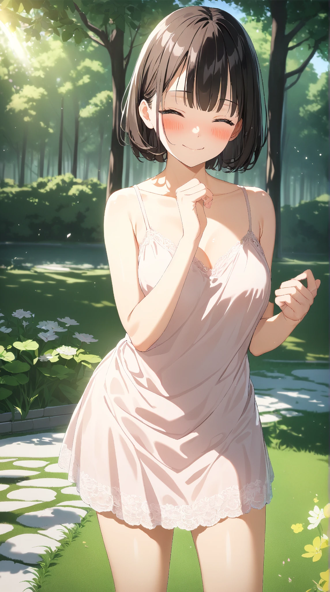 best quality, masterpiece, solo, 1 Female、Age 25、Larger breasts、(Cleavage)、(Slender figure)、sheer white dress、From the side、Poses that emphasize the chest、(White highlight in pupil:1.2)、Dark reddish brown eyes、(Black-haired:1.2)、(Medium Hair)、(View your viewers:1.2)、White skin、(blush)、(Embarrassed expression)、(I blur the background a lot to make the woman stand out.:1.3)、(The sunlight shines in)、(Beautiful flowers in the background) 