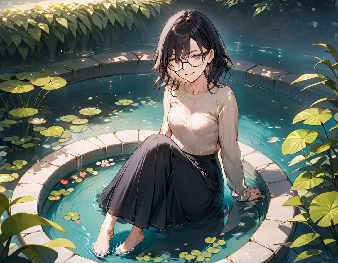 (masterpiece, best quality),( anatomically correct),(Dark-haired mature woman ,Medium-long hairstyle,Large black-rimmed glasses ),whole body, go into the ankle-length pond,Bright smile,Beige knit with black long skirt,whole body,(Small breast size)