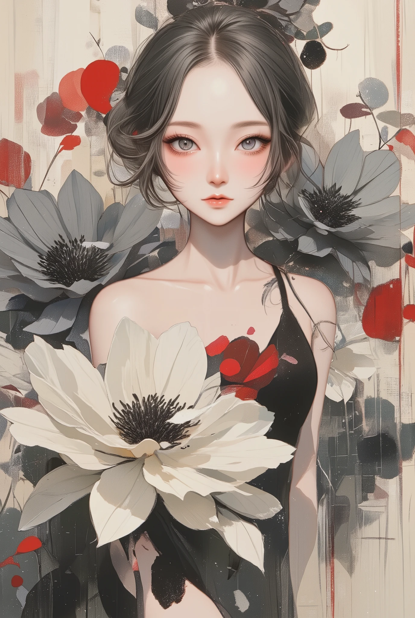 Beautiful Women、Floral arrangement、Wabi-sabi art、 very detailed_face_eye、 very detailedface、 black dress、white、gray、red、Parchment、抽象的Floral arrangement、Three big flowers、surrealist art 、silence、 wallpaper、 best quality、masterpiece、 high definition 、8k
