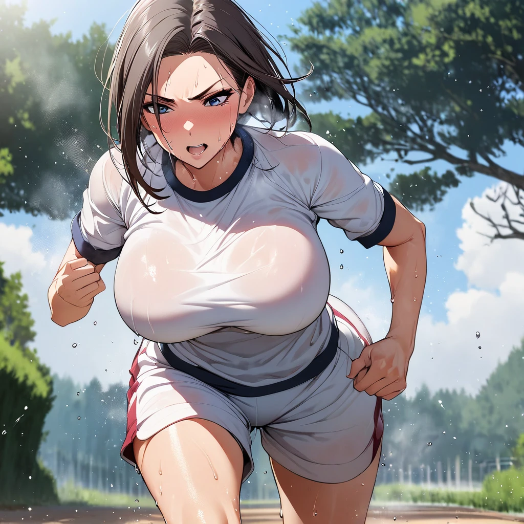 gym uniform, gigantic breasts, white shirt, wet shirt, wet, see-through shirt, no bra, wide hips, :o, running, bouncing breasts, unaligned breasts, motion lines, motion blur, sweat, heavy breathing, mature female, brown hair, hair over shoulder, braid, outdoors, park, shirt tucked in,pinky nipple