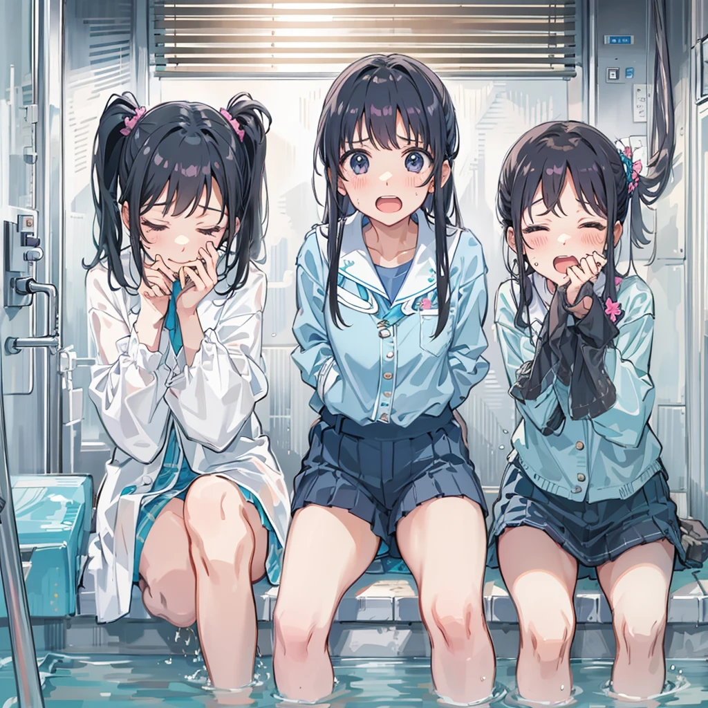 Hot spring toilet、three girls、wearing a uniform、In front of the toilet in the public hot spring、Leaking or holding back pee、black hair color、ponytail、Are crying face、blush、Tears from the eyes、spread legs、Are crying、dark blue socks、The color of the pants is light blue、Vertically aligned、Rear view、