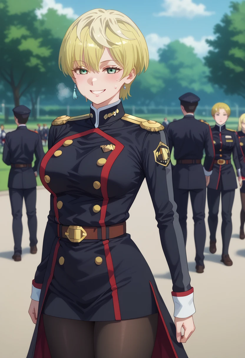 BREAK nsfw, masterpiece, best quality,1girl, Tenka Izumo, white skin color , blonde hair , short hair , uniform, Team uniform,Military uniform, black pantyhose, Sweat,BREAK {{{best quality, very aesthetic, ultra-detailed, extremely detailed, perfect anatomy}}}, BREAK smile,walk in park, 