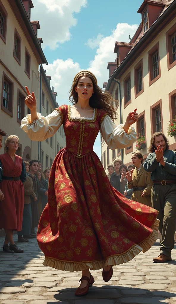 Illustrate a young woman in Strasbourg, dressed in early 16th-century attire, dancing alone in a cobblestone street. Her movements should be frantic and uncoordinated, her expression a mix of exhaustion and bewilderment. Surround her with curious onlookers—some concerned,