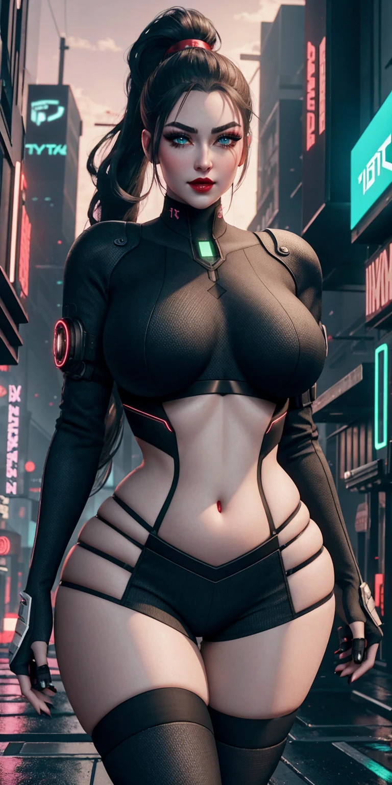 ​((seductive girl:1.2))、((cyberpunk))、((Futuristic))、((huge breasts))、((huge hip))、Female sexy,  Combative posing, fighter, Depiction of dense hair, Detailed eye depiction, Sexy body lines, Center, Costumes with less fabric area, and draw the full body, Hover effect, Precise human body structure、((Glossy realistic skin texture))、((shiny skin))、masterpiece, ultra-detailliert, 8k, hiquality, Top image quality, Smooth texture、watercolor