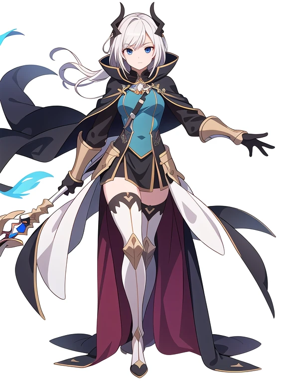 (((Best Quality))) , ((full body)), female, reference sheet, solo, (white background), holding staff, gauntlets, robe, thigh high, loin cloth only, cloak,