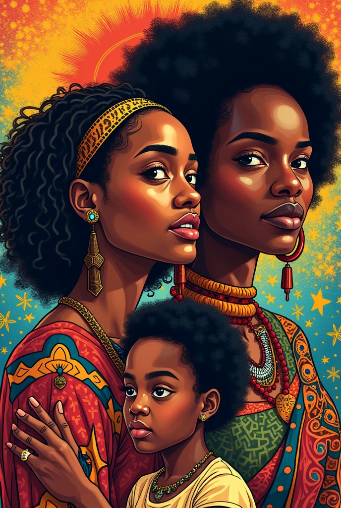 brown eyes african lady and baby in a painting stly with bright colours