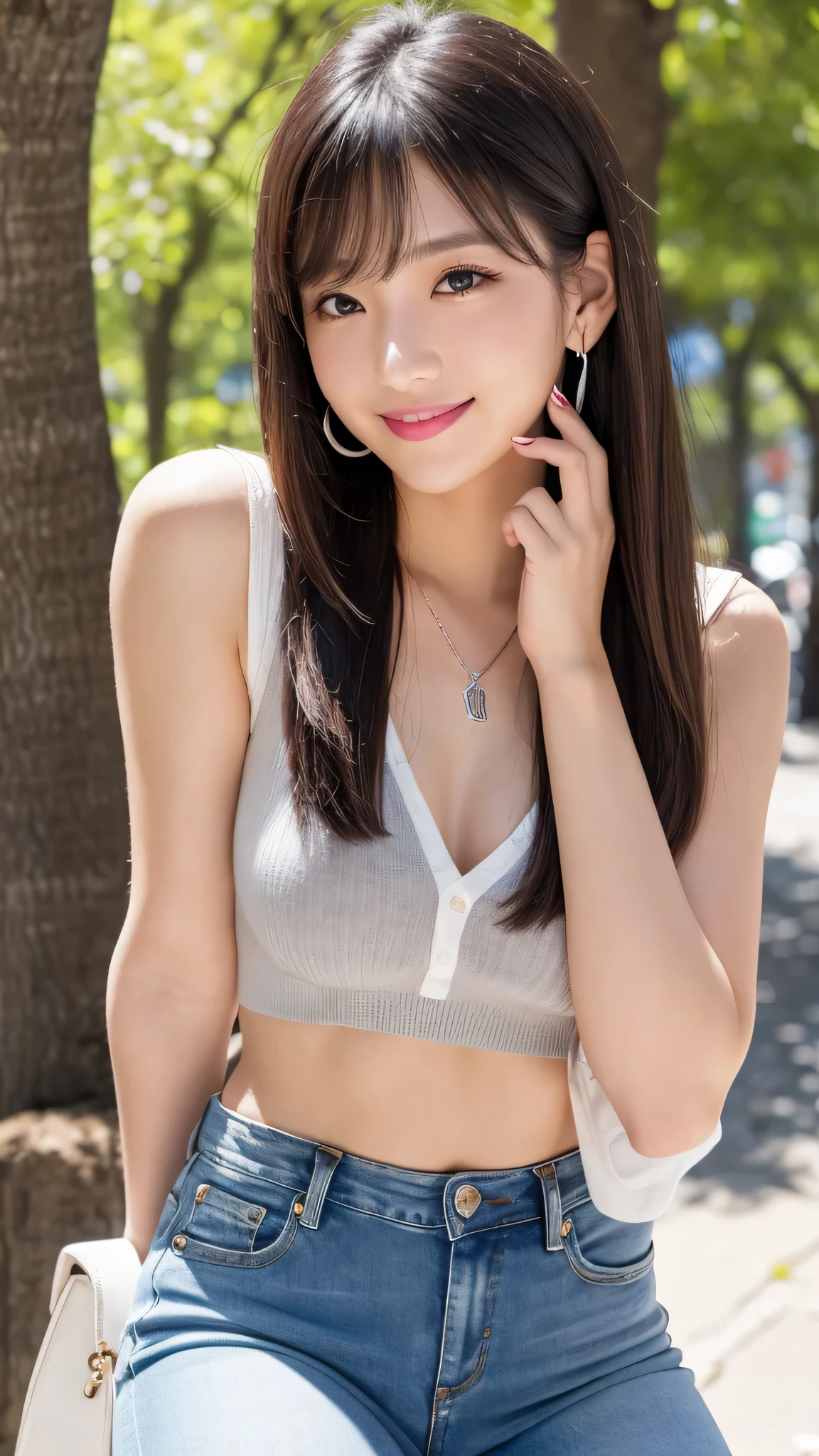 (top-quality、8k、masterpiece:1.3)、(realisitic、Photorealsitic:1.37)、(1girl in)、((a smile))、(Beautiful woman in her 20s)、(Slimed)、(Emphasize slim abs:1.3)、(japanes)、(Tank top with mini skirt)、(Black panties)、(Choker around the neck)、(Random sexy poses)、(longwavy hair)、(huge tit:1.3)、(outside of house)、(Super detailed face)、(detailedeyes)、(二重まぶた)、(Eyeshadow enhancement)、(Lots of eyelashes)、(perfect bodies)、(long legged)、(profetional lighting)、 (photon maping)、(Radio City)、(looking directly at the viewer)、((a smile))