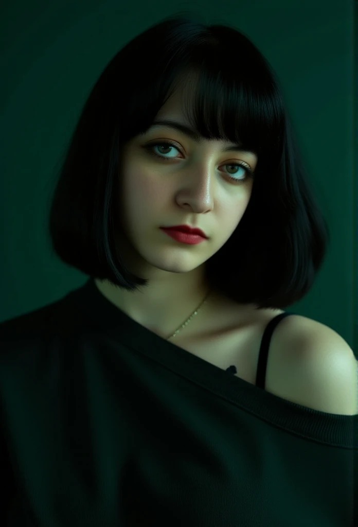 Aesthetic posing, close-up portrait of a young woman with jet-black hair styled in blunt bangs. She’s wearing a dark green oversized sweater that drapes off one shoulder, revealing a small crescent moon tattoo. Her makeup is subtle but smoky, with nude lips and dark eyeliner that makes her green eyes pop. The background is a deep emerald green, with soft, diffused lighting that adds a melancholic vibe. The overall atmosphere is calm and introspective